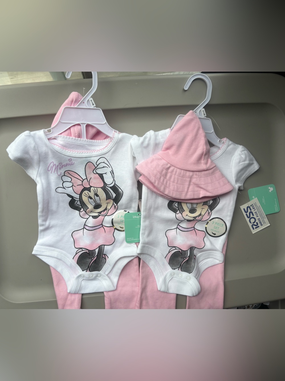 Twin- Disney Pink & White Minnie Mouse Baby One-Piece Set with Hat